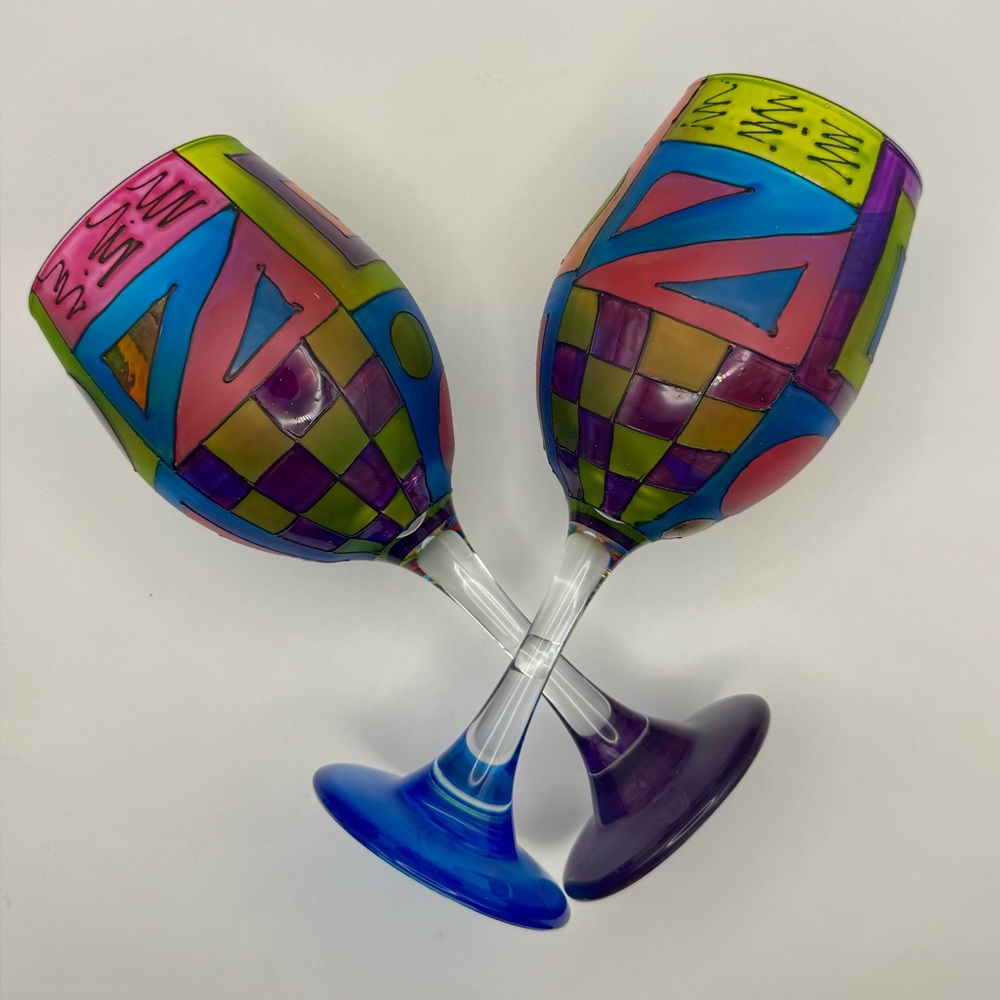 Pair of Handpainted Funktini Wine Glasses Wedding Gift Birthday Gift Colorful - Picture 3 of 7